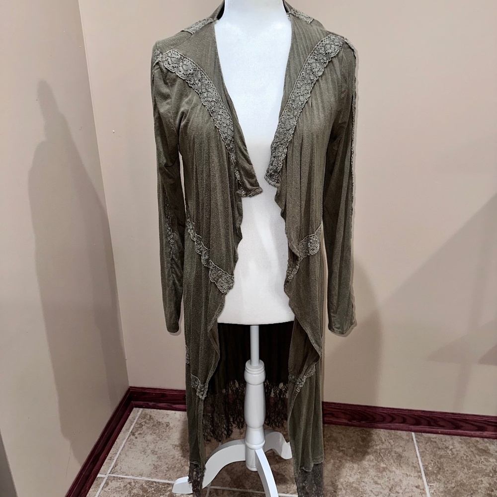 gimmicks long olive green duster cardigan
